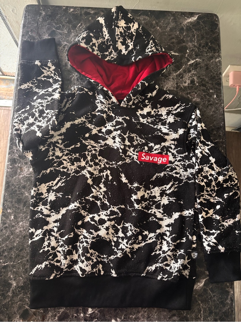 Savage Black & White Marble Kids Hoodie with Red Lining